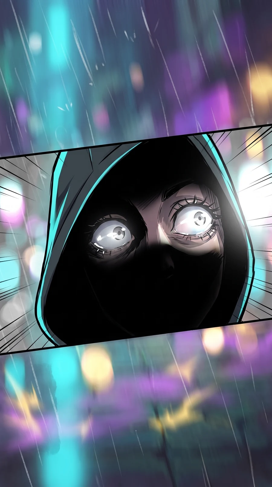 Extreme close up of wide open eyes with a white light reflected in them