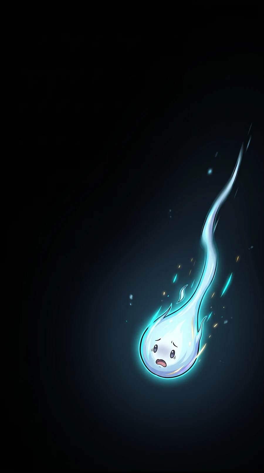 A tiny pale blue soul falling through a black void