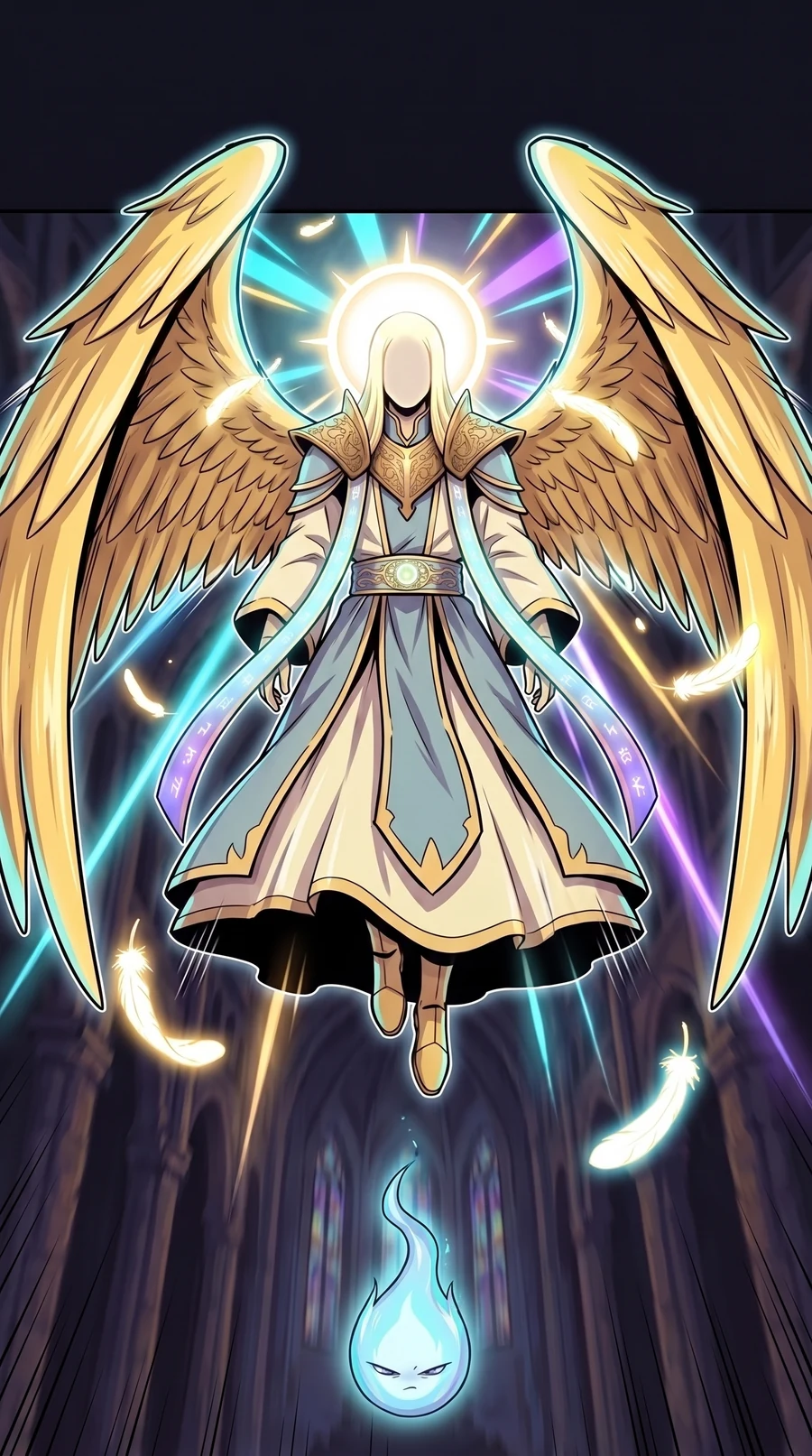 The god revealed from a low angle: wings unfurled, halo blazing, face hidden, a blue soul flame far below