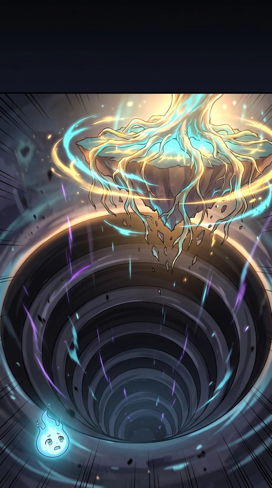 A vision of a glowing realm whose roots are gnawed by a black spiral pit one hundred layers deep
