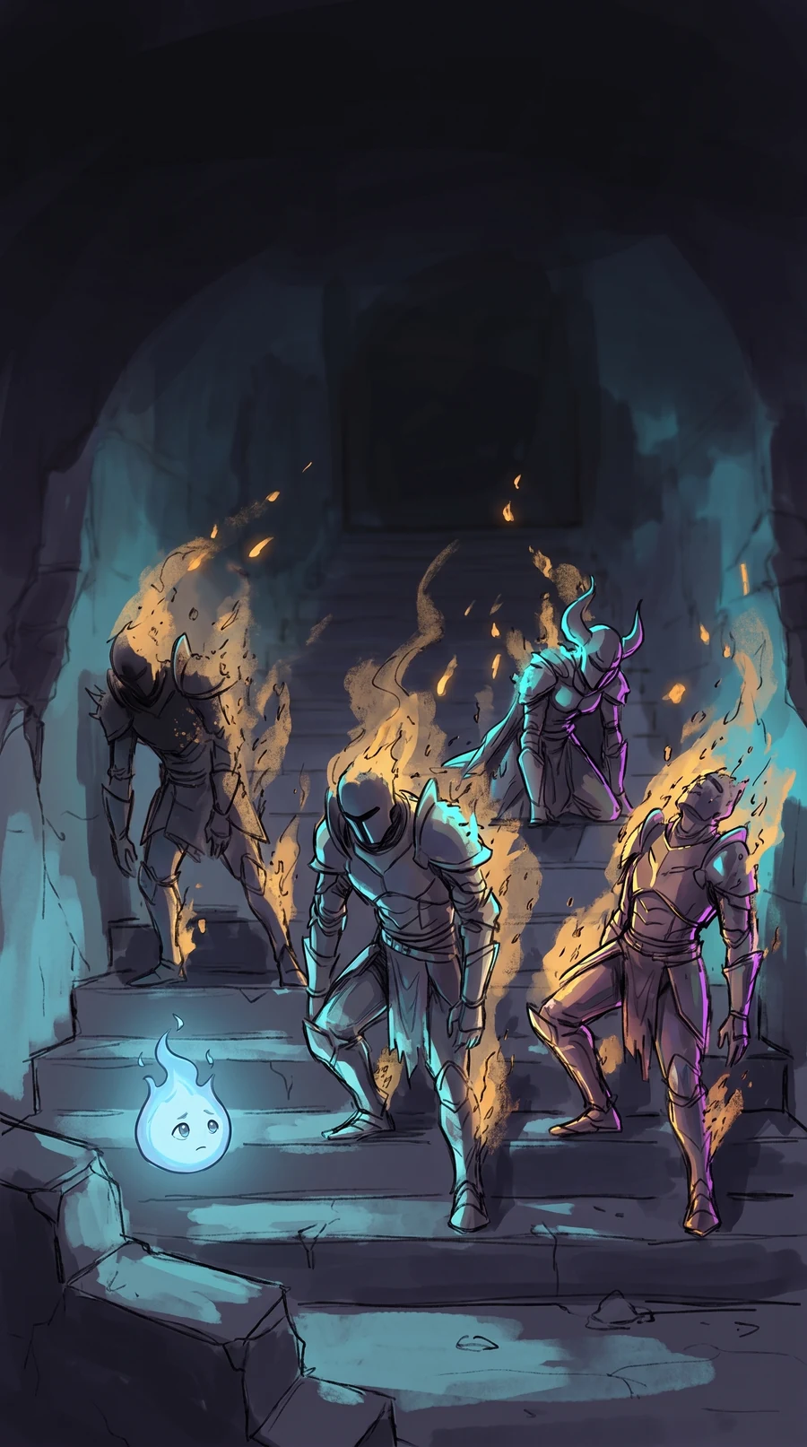 Fallen champions dissolving into ash on dark stairs