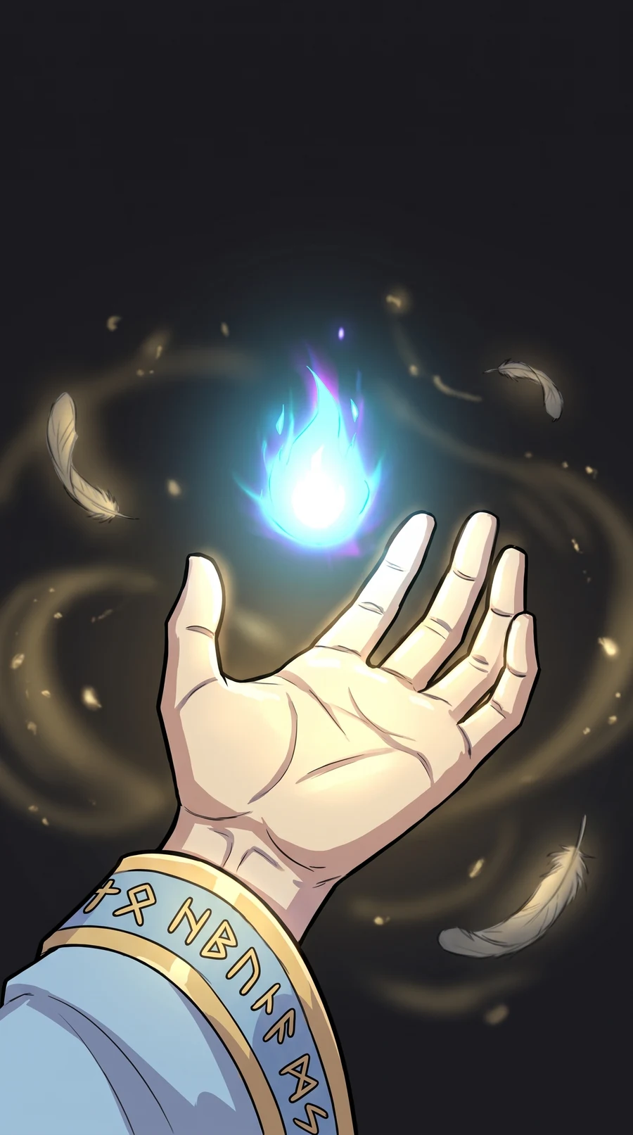 The god's open palm with a new blue spark burning above it
