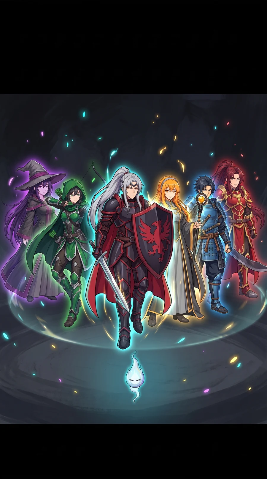 Six legends stand in a row as luminous spirits