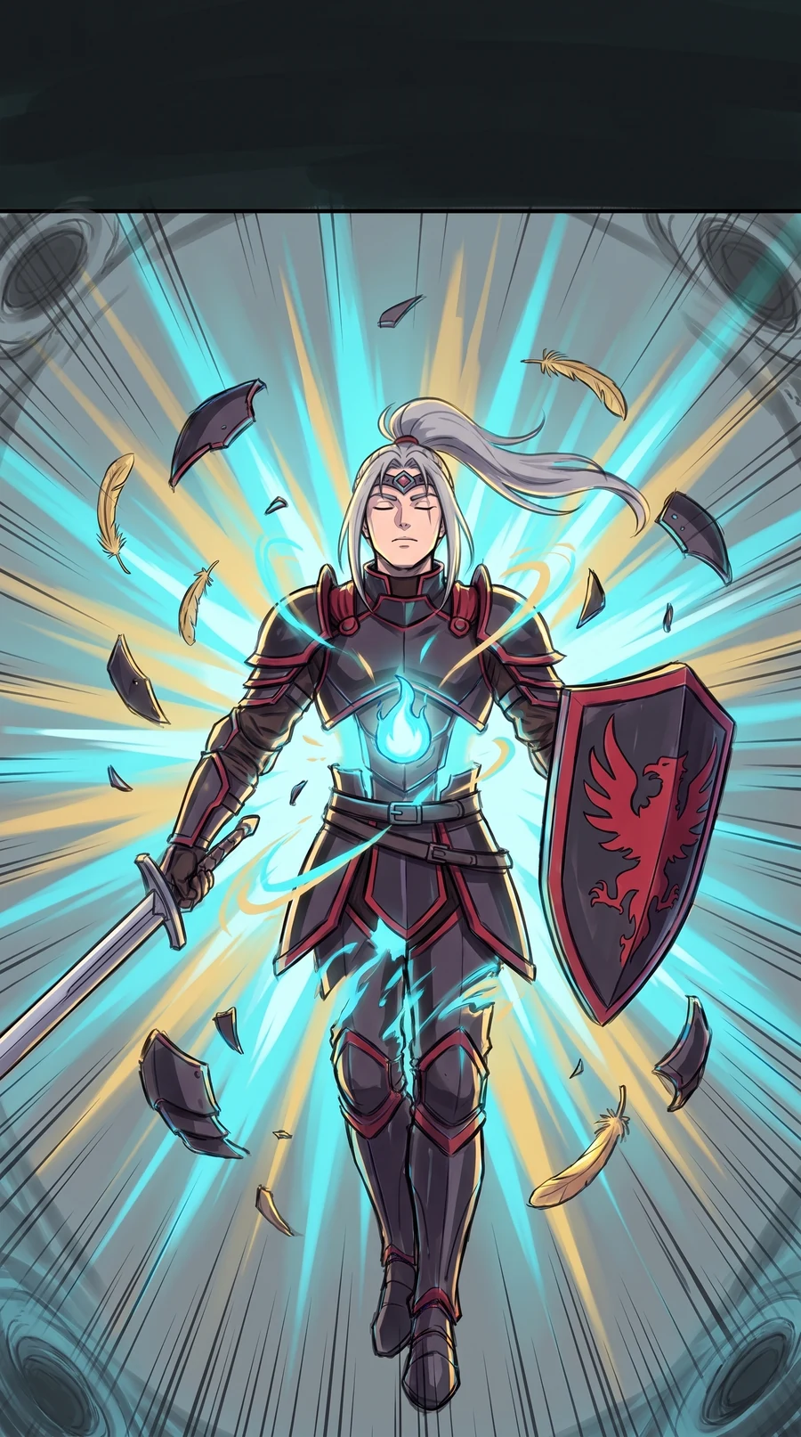 The soul fuses with the legend of Ser Aldric as armor forms from light in a burst of cyan and gold