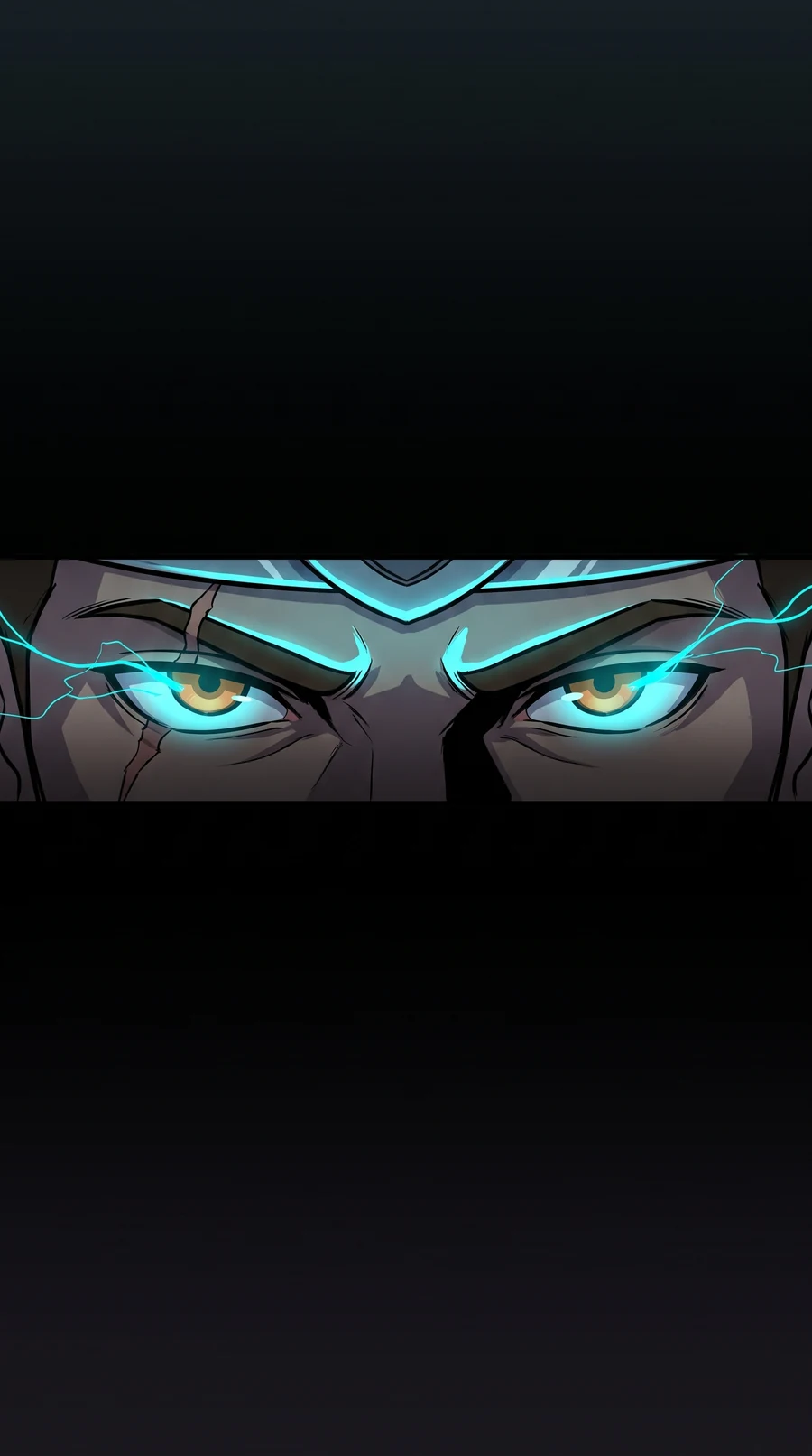 Extreme close up of a knight's eyes igniting blue inside a dark slit of shadow