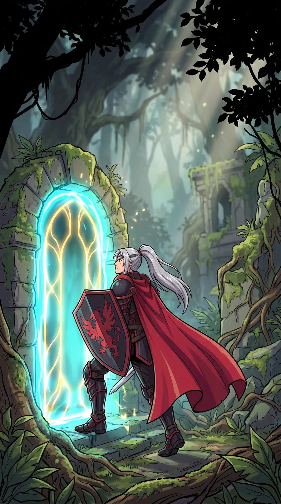 The knight steps through a glowing gate into the overgrown Verdant Ruins