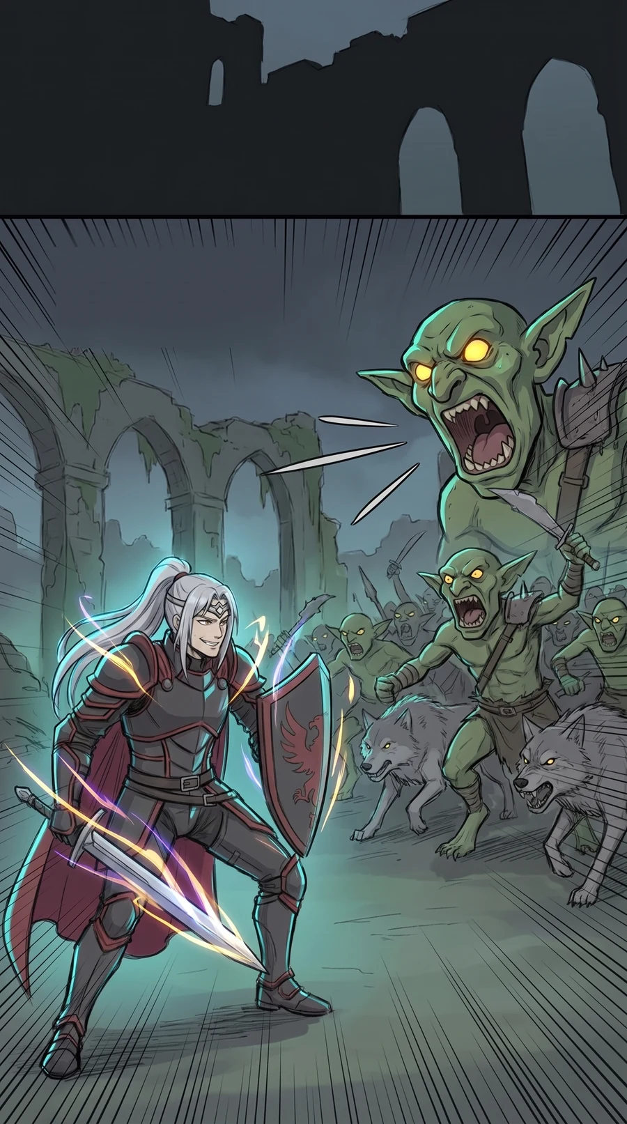 Wolves and goblins rush out of the ruins toward the knight