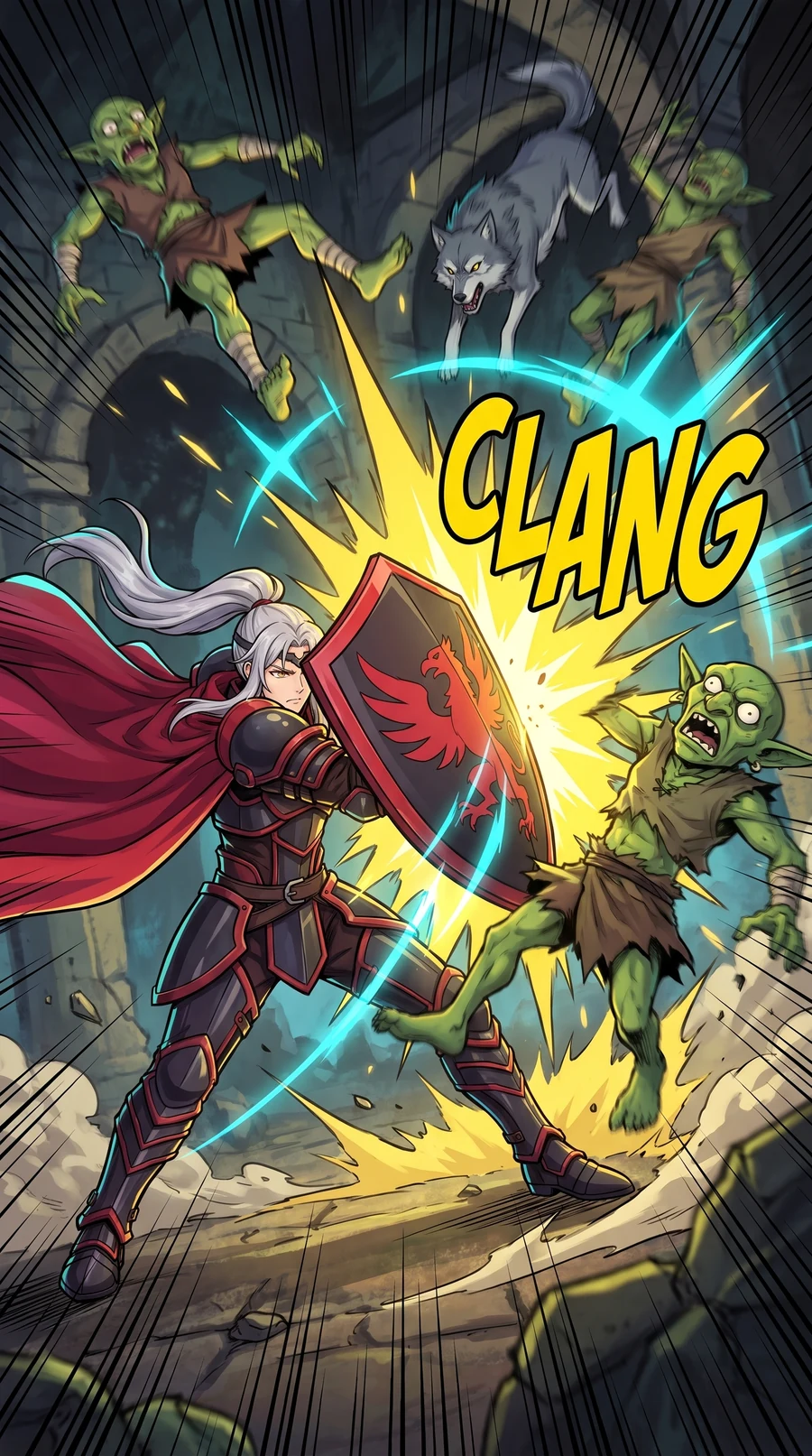 A shield bash: a yellow impact star and cyan arcs as goblins fly through the air