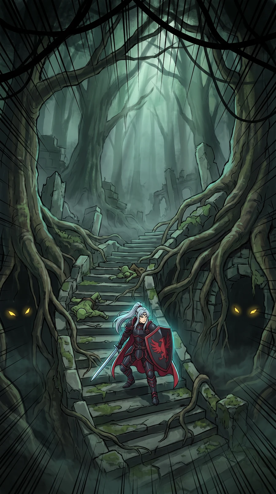 The knight descends a broken mossy stair into a darker forest, ancient roots running downward, wolf eyes glowing in the shadows