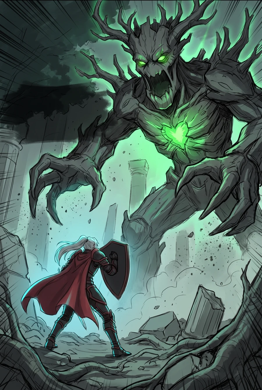 Gnarlroot, a colossal dark treant with a glowing green heart, wakes above the small knight