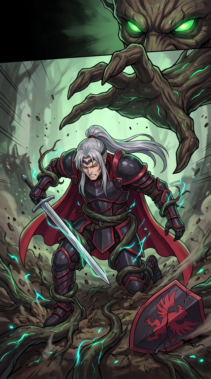 Roots coil around the kneeling knight and drag him down, his shield cracked beside him