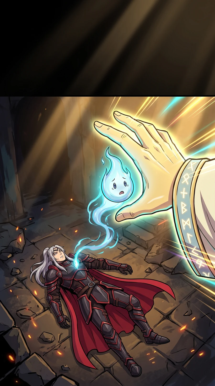 The radiant hand draws a rising blue mote of light up out of the dark