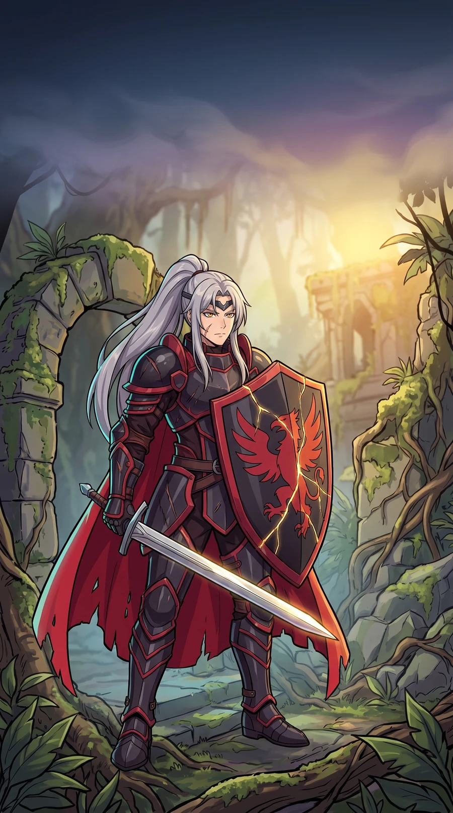 Dawn at the dungeon gate: the knight stands again, scarred and better armed