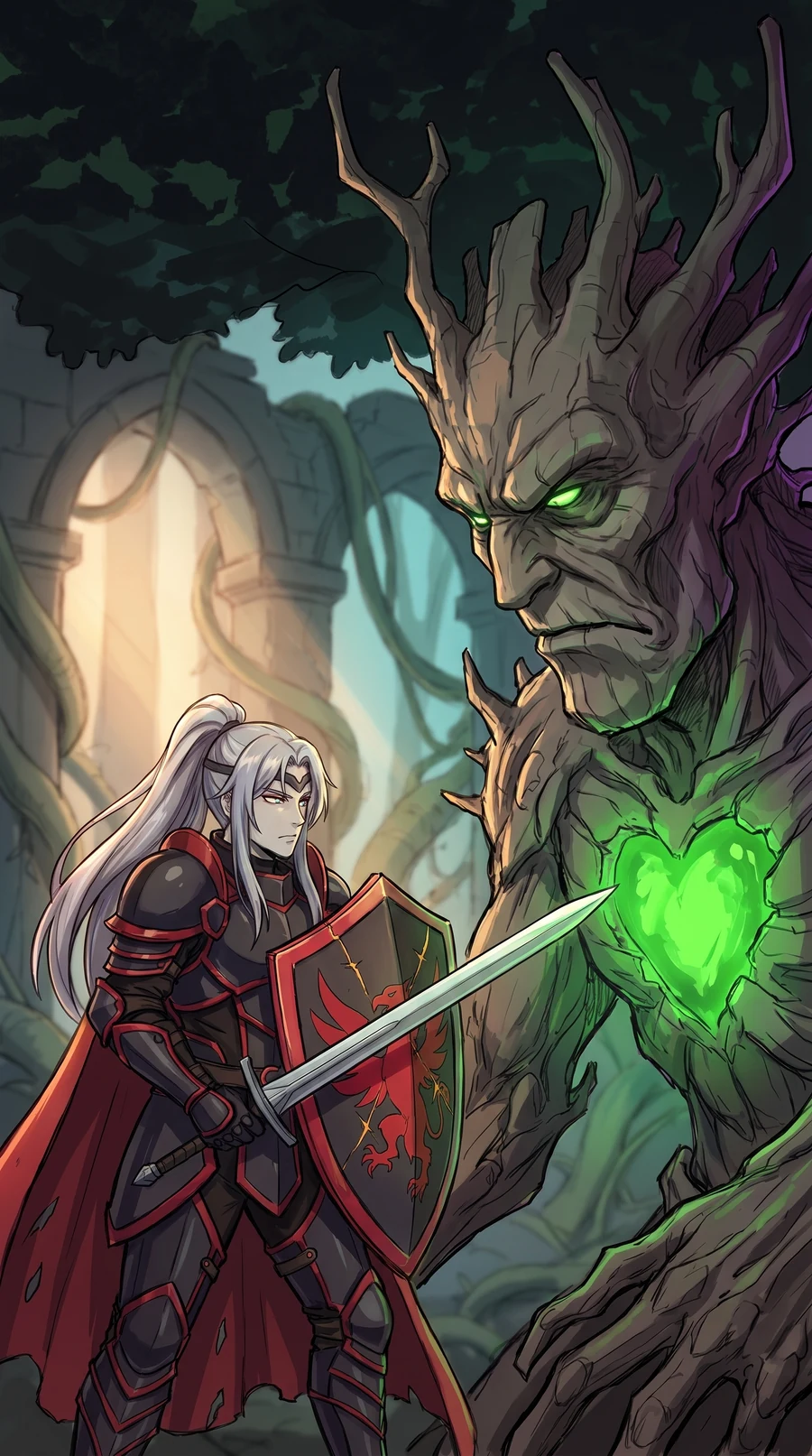 Face to face again, the knight points his sword at the glowing heart in Gnarlroot's chest