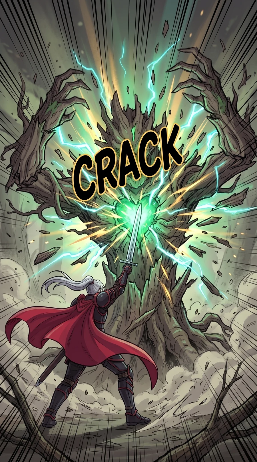 The knight drives his sword into the glowing green heart and the ancient tree bursts apart in splinters and light