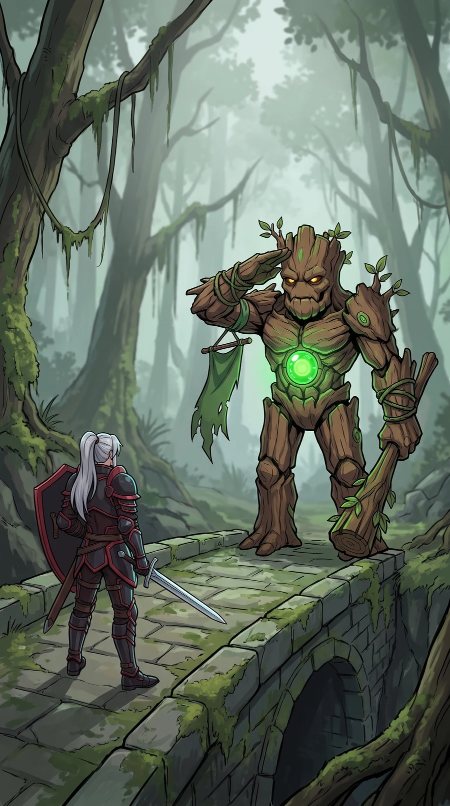 On a mossy bridge, a treant soldier with a leafy club salutes the knight