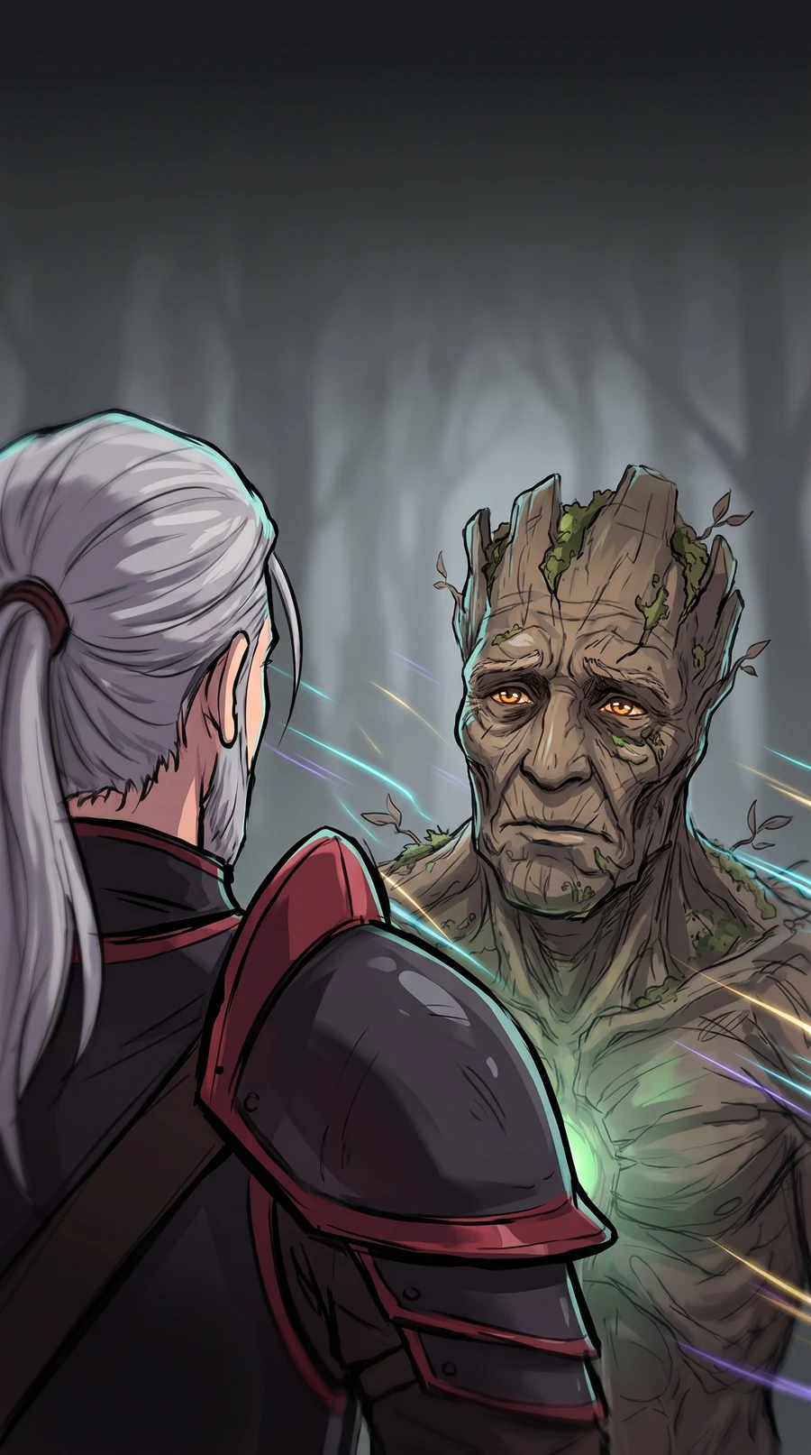 Close up of the Warden's old bark face, amber eyes full of hope