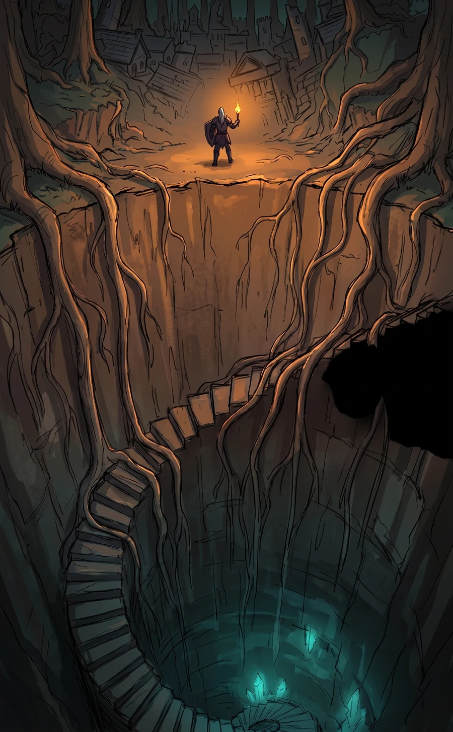 The knight stands with a torch at the rim of a vast pit where every root of the forest pours down toward a faint teal glow