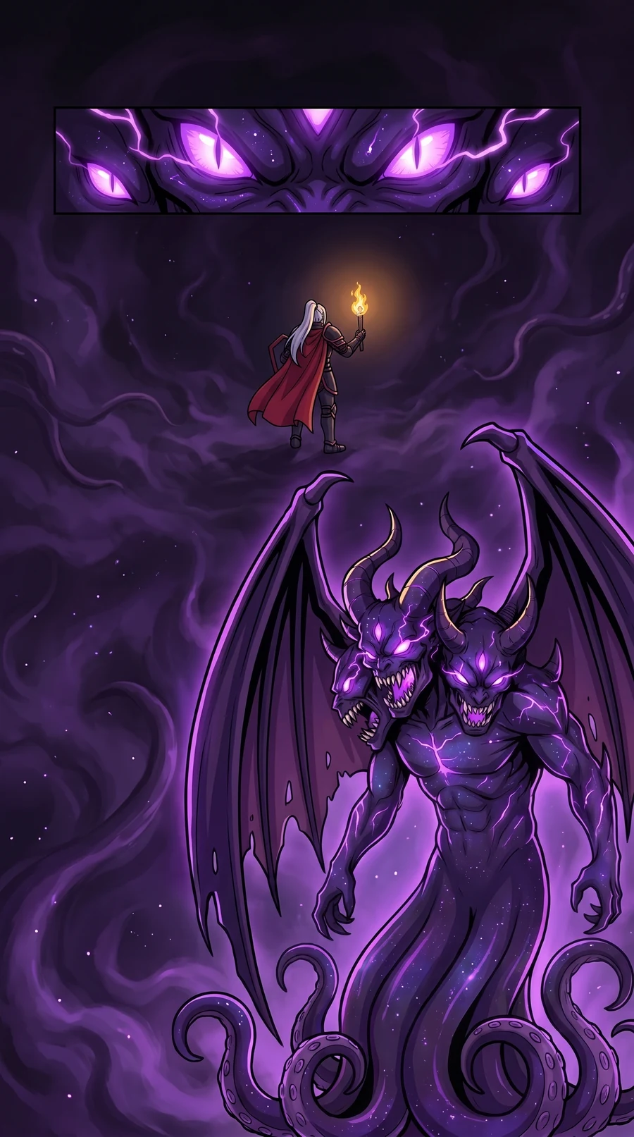 Her violet eyes open in the dark above a tiny torch bearing knight, as Nyxara, a vast winged purple demon with horns, several heads and coiling tentacles, looms over him